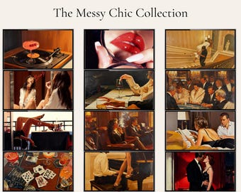 Peut inclure: Une collection de douze tirages d'art encadrés intitulée The Messy Chic Collection, présentant diverses scènes de réunions sociales, cocktails, cartes à jouer et personnages en tenue formelle, disposés en grille avec des palettes de couleurs variées.