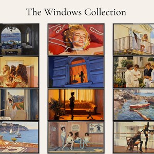 May include: A collection of twelve framed art prints titled The Windows Collection, featuring various scenes of people in interior and exterior settings, including coastal views, balcony scenes, and social gatherings, all displayed in a grid layout.
