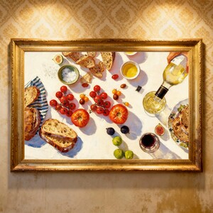 May include: A framed painting depicts a still life of food and drink. A bottle of wine pours into a glass, surrounded by tomatoes, bread, figs, and olives. The painting is in a gold frame.
