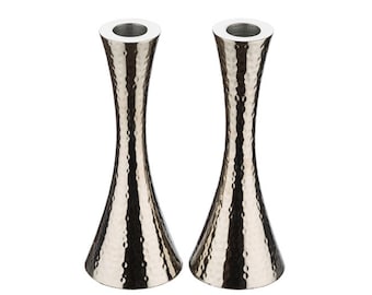 Hammered Aluminum Shabbat Candlesticks – Modern Silver Sabbath Candle Holders – Judaica Home Decor