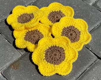 Handmade Crochet Sunflower Coasters - Set of 5