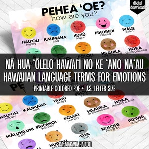 May include: A colorful chart with watercolor-style illustrations of faces expressing different emotions. The chart is titled "Nā Hua ʻŌlelo Hawaiʻi No Ke ʻAno Naʻau" and "Hawaiian Language Terms for Emotions". The chart includes Hawaiian words for emotions like happy, sad, angry, excited, calm, embarrassed, disappointed, tired, worried, hungry, hurt, naughty, and surprised.
