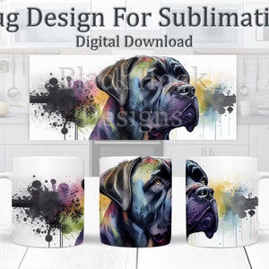Puede incluir: Un diseño de sublimación con una pintura de acuarela colorida de la cabeza de un perro negro. El diseño es perfecto para crear tazas personalizadas.