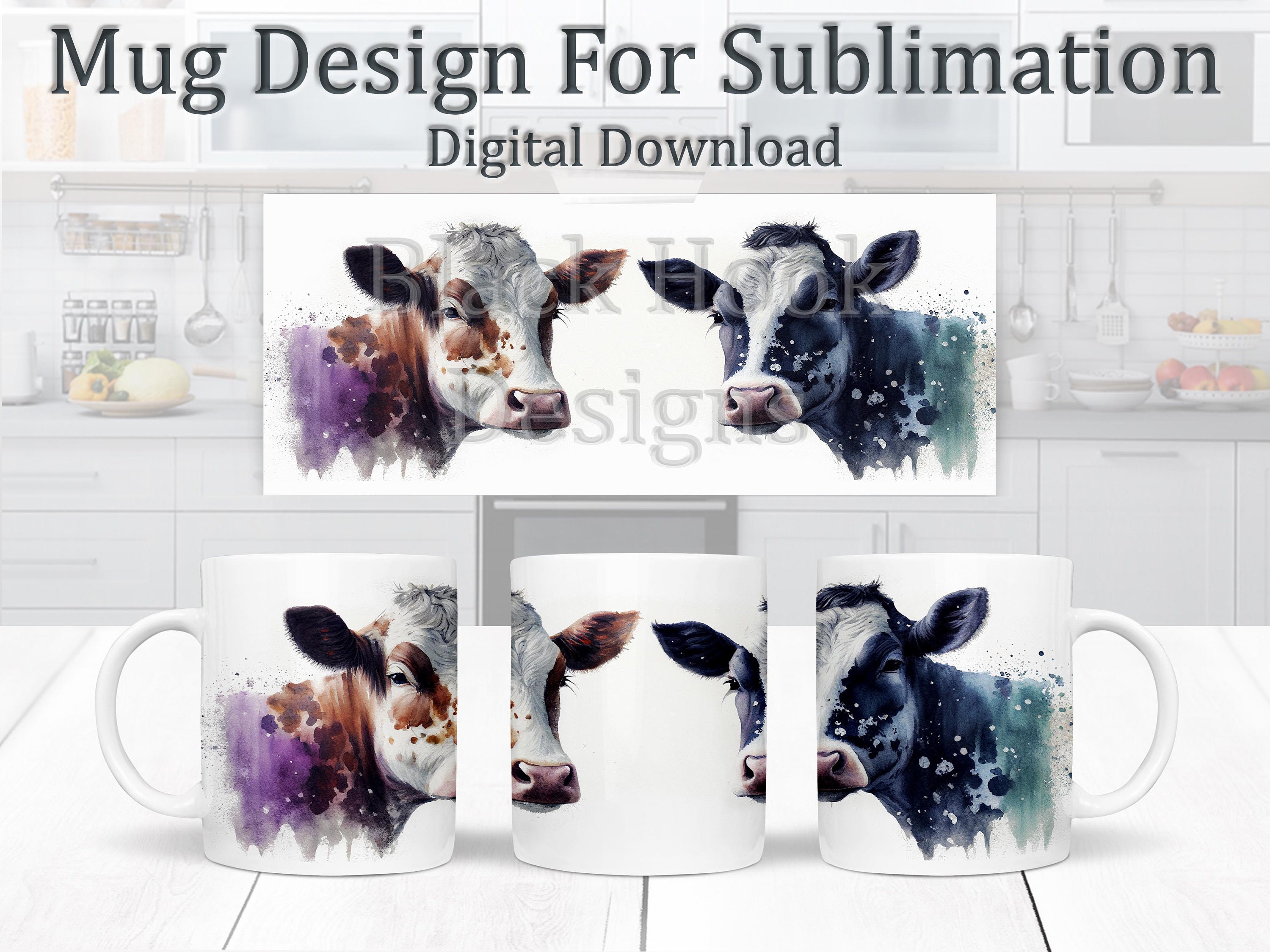Watercolour Cows Mug Design, Colourful Farm Animals Sublimation Design, Mug Wrap 11oz Template, Cattle Coffee Mug Design