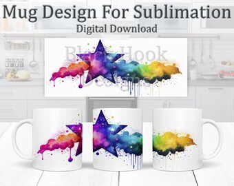 Star Scene Mug Design - Colourful Paint Splatter Sublimation Art, 11oz Mug Wrap, Space Watercolor Coffee Mug PNG