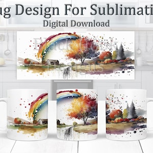 Könnte beinhalten: Ein Sublimationsdesign mit einer Aquarellmalerei eines Regenbogens über einer Herbstlandschaft mit einem Bauernhaus und Bäumen. Das Design ist perfekt für Tassen, T-Shirts und andere Artikel.