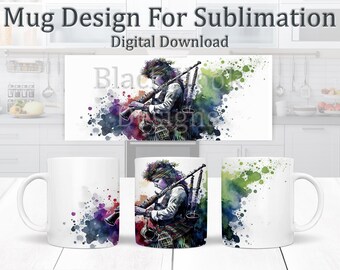 Scottish Bagpiper Sublimation Mug Design, Watercolour Mug Wrap 11oz Template, Coffee Mug Design, Scotland