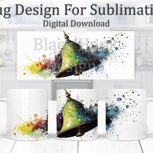Watercolour Bell Sublimation Mug Design, Watercolour Splashes Mug Wrap 11oz Template, Coffee Mug Design, Church Bell Mug Design