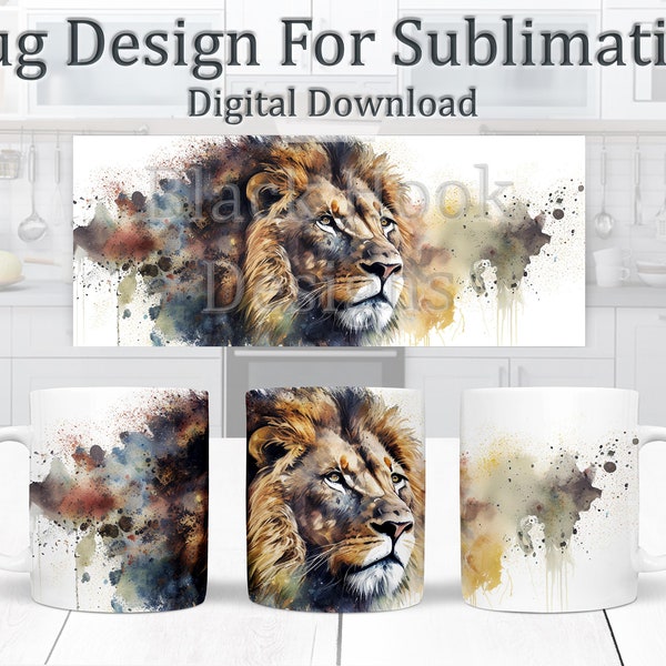 Conception de tasse de lion d'aquarelle, conception de sublimation de grand chat, modèle d'enveloppe de tasse 11oz, conception majestueuse de tasse de café de faune