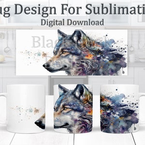 Puede incluir: Un diseño de sublimación con un lobo acuarela con salpicaduras de pintura azul, púrpura y naranja. El diseño es perfecto para crear tazas personalizadas.