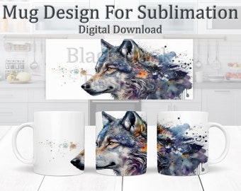 Gray Wolf Mug Design, Watercolour Canis lupus Sublimation Design, Mug Wrap 11oz Template, Lone Wolf Coffee Mug Design