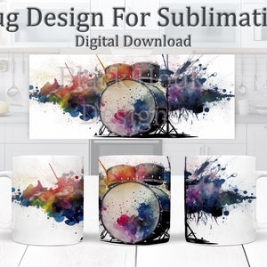 Watercolour Drum Mug Design, Watercolour Sublimation Design, Musical instrument Mug Wrap 11oz Template, Drumming Coffee Mug Design