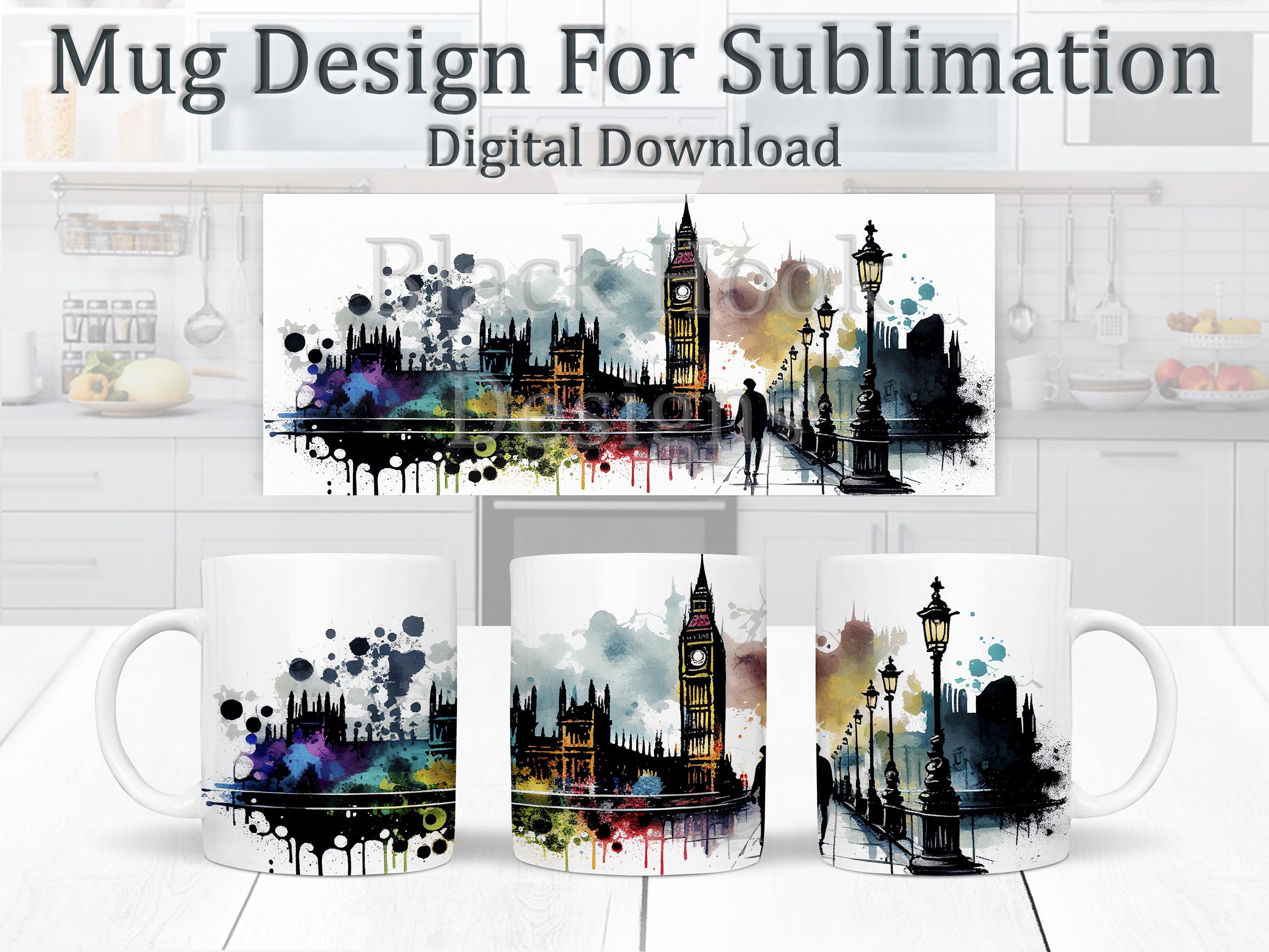London Scene Sublimation Mug Design, Watercolour London Design, Paint Splashes Mug Wrap 11oz Template, Coffee Mug Design