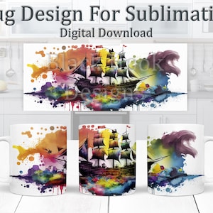 Piratenschiff-Becher-Design - Bunte nautische Thema Sublimationskunst, moderne 11 Unzen Becherverpackung, Aquarell Swashbuckler Kaffeetasse PNG