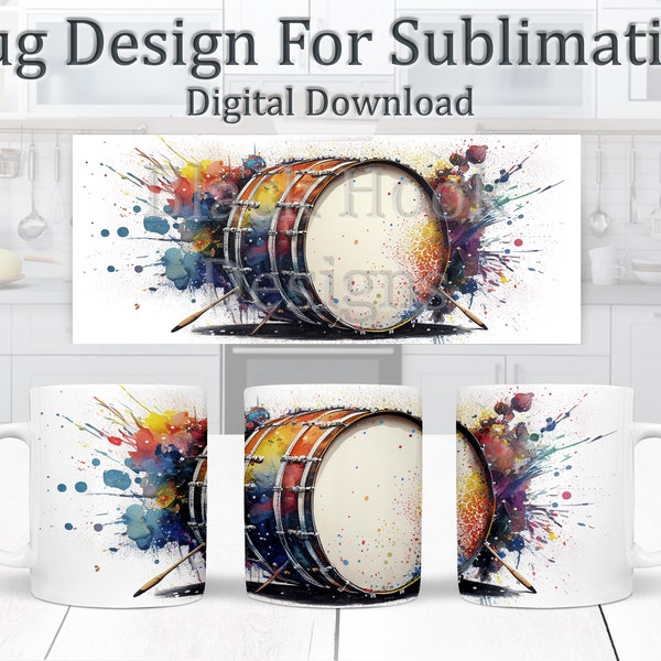 Watercolour Drum Mug Design, Watercolour Musical Sublimation Design, Mug Wrap 11oz Template, Instrument Coffee Mug Design