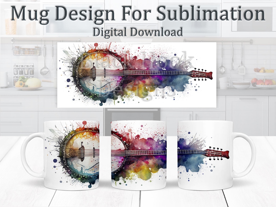 Watercolour Banjo Mug Design, Musical Instrument Sublimation Design