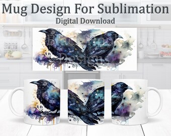 Ravens Mug Design - Colourful Animal Sublimation Art, 11oz Mug Wrap, Watercolour Wildlife Bird Coffee Mug PNG