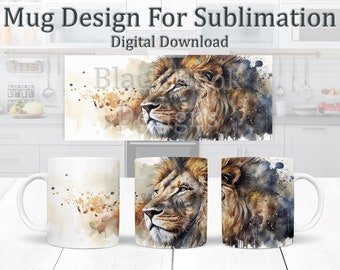 Sublimation Mug Design, Watercolour Lion, Paint Splashes Mug Wrap 11oz Template, Coffee Mug Design, Animal Mug Design