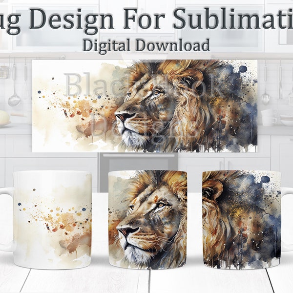 Sublimation Mug Design, Watercolour Lion, Paint Splashes Mug Wrap 11oz Template, Coffee Mug Design, Animal Mug Design