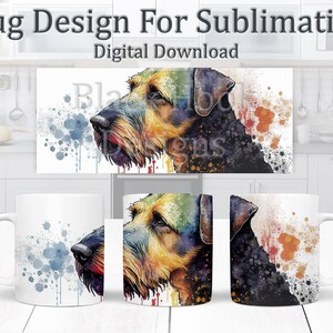 May include: A sublimation design featuring a colorful watercolor illustration of a Bloodhound dog's head with splashes of paint. The design is perfect for creating custom mugs.