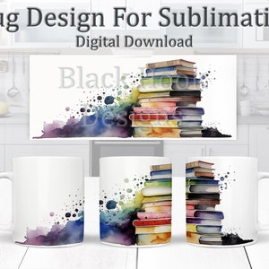 Puede incluir: Un diseño de sublimación con una pila de libros coloridos sobre un fondo de acuarela de morado, azul y verde. El diseño es perfecto para una taza.