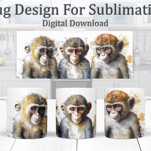 May include: Three sublimation designs featuring watercolour illustrations of monkeys on white mugs. The monkeys are looking at the viewer with different expressions. The designs are perfect for adding a touch of whimsy to your kitchen.