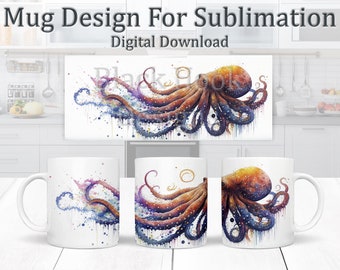 Abstract Octopus Sublimation Mug Design, Watercolour Animal Design, Paint Splashes Mug Wrap 11oz Template, Coffee Mug Design