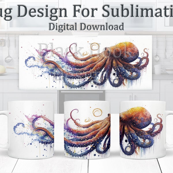 Abstract Octopus Sublimation Mug Design, Watercolour Animal Design, Paint Splashes Mug Wrap 11oz Template, Coffee Mug Design