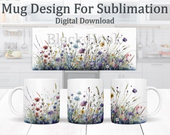 Floral Meadow Mug Design - Colourful Floral Sublimation Art, Botanical  11oz Mug Wrap, Watercolour Flower Sketch Coffee Mug PNG