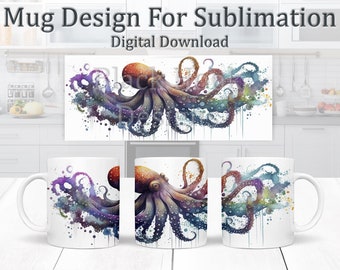Abstract Octopus Sublimation Mug Design, Watercolour Animal Design, Paint Splashes Mug Wrap 11oz Template, Sea life Coffee Mug Design