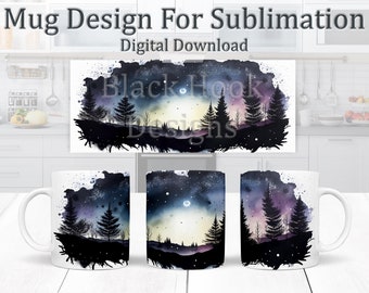 Night Sky Scene Mug Design, Starry Canopy Sublimation Design, Sublimation Mug Wrap, 11oz Template, Galaxy View Coffee Mug Design