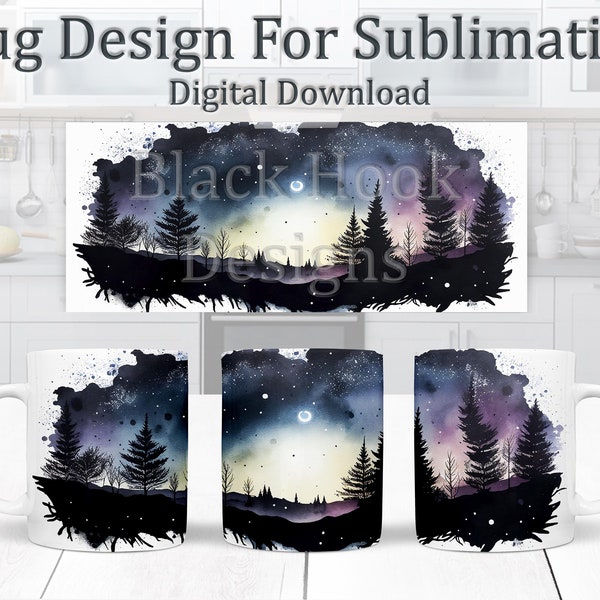 Night Sky Scene Mug Design, Starry Canopy Sublimation Design, Sublimation Mug Wrap, 11oz Template, Galaxy View Coffee Mug Design