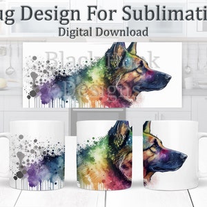 May include: A sublimation design featuring a watercolor painting of a German Shepherd dog's head with a rainbow color scheme. The design is on a white mug.