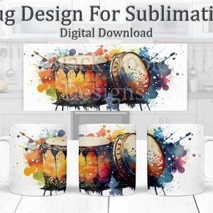 Watercolour Bongo Drums Sublimation Mug Design, Watercolour Splashes Mug Wrap 11oz Template, Coffee Mug Design, Musical Design