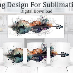 Cello Watercolour Mug Design, Watercolour String Instrument Sublimation Design, Mug Wrap 11oz Template, Orchestra Coffee Mug Design