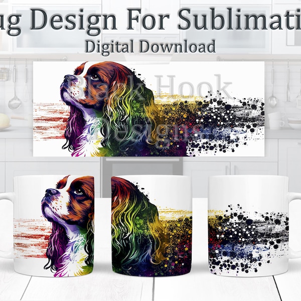 Cavalier King Charles Spaniel Mug Design - Colourful Canine Sublimation Art, Dog 11oz Mug Wrap, Watercolour Toy Breed Coffee Mug PNG