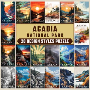 Könnte beinhalten: Eine Collage aus 20 verschiedenen Designstilen von Illustrationen, die den Acadia National Park darstellen. Die Illustrationen zeigen verschiedene Szenen aus dem Park, darunter Berge, Wälder, Seen und das Meer. Der Text "Acadia National Park" und "20 Design Styles Puzzle" ist oben auf der Collage zu sehen.