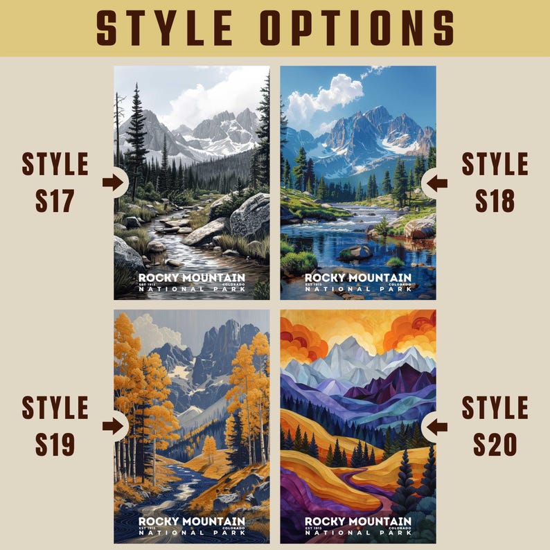 K&ouml;nnte beinhalten: Vier verschiedene Stile von Postern des Rocky Mountain National Park. Das Poster oben links zeigt eine Bergszene mit einem Fluss, der durch sie flie&szlig;t. Das Poster oben rechts zeigt eine &auml;hnliche Szene, aber mit einer lebendigeren Farbpalette. Das Poster unten links zeigt eine Bergszene mit einem Fluss, der durch sie flie&szlig;t, mit Herbstlaub im Vordergrund. Das Poster unten rechts zeigt eine Bergszene mit einem Fluss, der durch sie flie&szlig;t, in einem abstrakteren Stil.