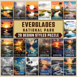 Puede incluir: Un rompecabezas de 20 piezas que presenta diferentes estilos artísticos del logotipo del Parque Nacional Everglades. El rompecabezas se titula "Everglades National Park 20 Design Styles Puzzle".