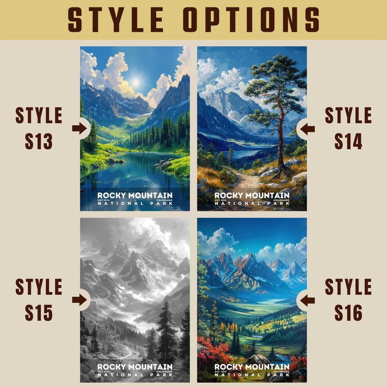 K&ouml;nnte beinhalten: Vier verschiedene Stile eines Vintage-Reiseposters f&uuml;r den Rocky Mountain National Park. Das Poster oben links ist eine farbenfrohe Landschaft mit einem See und Bergen. Das Poster oben rechts ist eine &auml;hnliche Landschaft mit einem einzelnen Baum im Vordergrund. Das Poster unten links ist eine Schwarzwei&szlig;version des Posters oben links. Das Poster unten rechts ist eine farbenfrohe Landschaft mit einem Tal und Bergen.