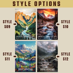 K&ouml;nnte beinhalten: Vier verschiedene Stile von Rocky Mountain National Park-Postern. Jedes Poster zeigt eine andere malerische Ansicht des Parks, darunter Berge, Fl&uuml;sse und W&auml;lder. Die Poster sind alle im Vintage-Stil mit einer farbenfrohen Palette gehalten.
