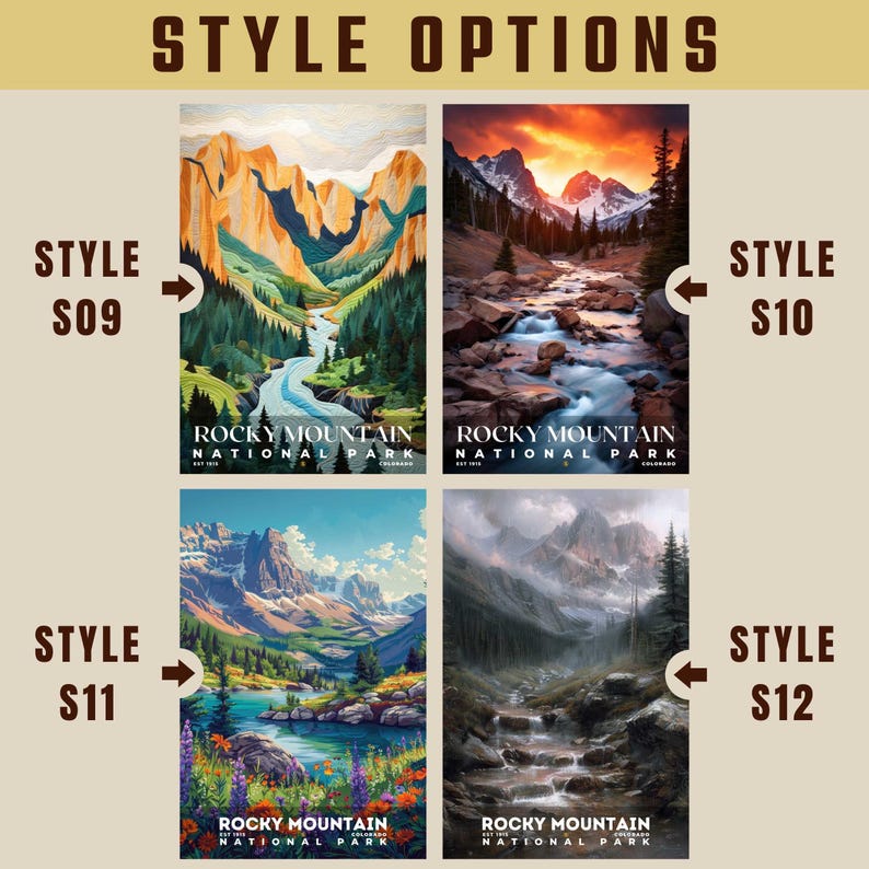 K&ouml;nnte beinhalten: Vier verschiedene Stile von Rocky Mountain National Park-Postern. Jedes Poster zeigt eine andere malerische Ansicht des Parks, darunter Berge, Fl&uuml;sse und W&auml;lder. Die Poster sind alle im Vintage-Stil mit einer farbenfrohen Palette gehalten.
