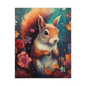 May include: A jigsaw puzzle featuring a detailed illustration of a squirrel surrounded by colorful flowers. The squirrel has reddish-brown fur and is set against a dark teal background. The flowers are in shades of orange, pink, and purple.