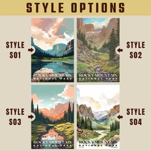 K&ouml;nnte beinhalten: Vier verschiedene Stile von Plakaten des Rocky Mountain National Park. Jedes Plakat zeigt eine malerische Aussicht auf den Park mit blauem Himmel und gr&uuml;nen Bergen. Der Text "Rocky Mountain National Park" ist am unteren Rand jedes Plakats gedruckt.