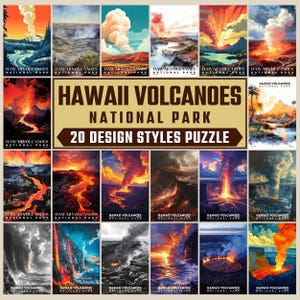 Könnte beinhalten: Eine Collage aus 20 verschiedenen Designstilen des Hawaii Volcanoes National Park. Die Collage zeigt eine Vielzahl von Farben, darunter Rot, Orange, Gelb, Grün, Blau und Schwarz. Der Text "Hawaii Volcanoes National Park" und "20 Design Styles Puzzle" ist in der Mitte der Collage zu sehen.