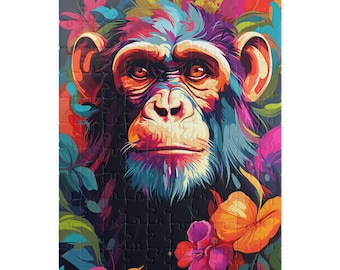 May include: A colourful jigsaw puzzle depicting a chimpanzee portrait. The artwork uses vibrant shades of orange, blue, purple, and green, with floral elements around the primate. The puzzle is rectangular and appears to be made of cardboard.