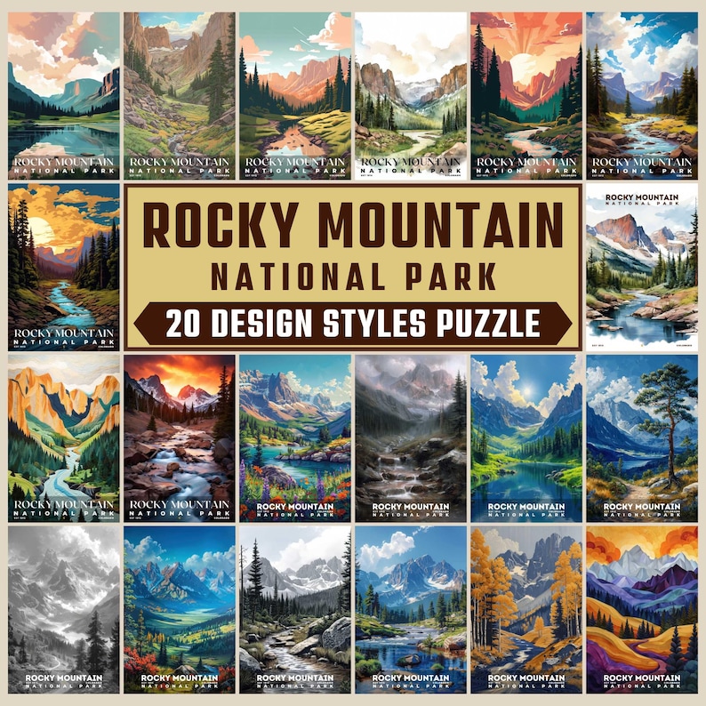 K&ouml;nnte beinhalten: Eine Collage aus 20 verschiedenen Designs des Rocky Mountain National Park. Jedes Design zeigt eine andere k&uuml;nstlerische Interpretation der Landschaft des Parks, darunter Berge, W&auml;lder, Fl&uuml;sse und Seen. Der Text "Rocky Mountain National Park" und "20 Design Styles Puzzle" wird oben auf der Collage angezeigt.