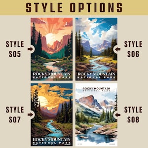 K&ouml;nnte beinhalten: Vier verschiedene Stile von Vintage-inspirierten Postern f&uuml;r den Rocky Mountain National Park. Jedes Poster zeigt eine malerische Aussicht auf den Park mit einem Fluss, Bergen und B&auml;umen. Der Text "Rocky Mountain National Park" ist auf jedem Poster zu sehen.