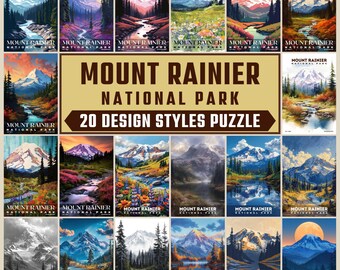 May include: A collage of 20 different design styles of Mount Rainier National Park. The collage features a variety of colors, styles, and perspectives of the park. The text "Mount Rainier National Park" and "20 Design Styles Puzzle" is displayed at the top of the collage.