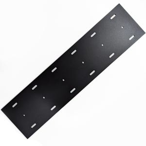 May include: Black metal plate with multiple evenly spaced holes. The plate is rectangular and has a matte finish.